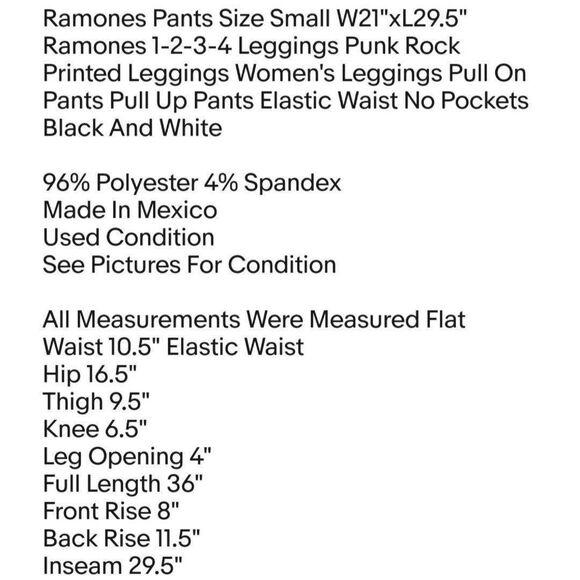 Ramones Pants Size Small W21"xL29.5" Ramones 1-2-3-4 Leggings Punk Rock Printed - Picture 2 of 5
